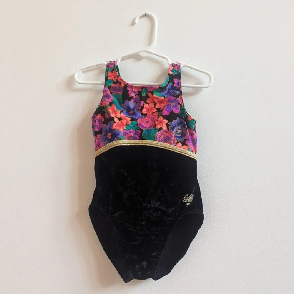 Vtg GK Unitard Girls Sz Medium (5-6) Gymnastics Black Velvet Floral 90s